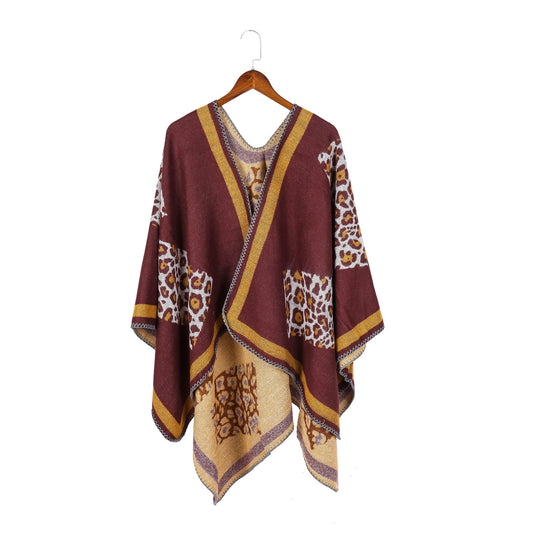 Damen Wolloptik-Kimono-Ruana mit Leopardenjacquard und kontrastierter Bordüre Shop Nory