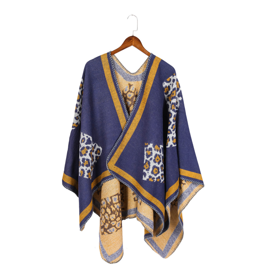Damen Wolloptik-Kimono-Ruana mit Leopardenjacquard und kontrastierter Bordüre Shop Nory