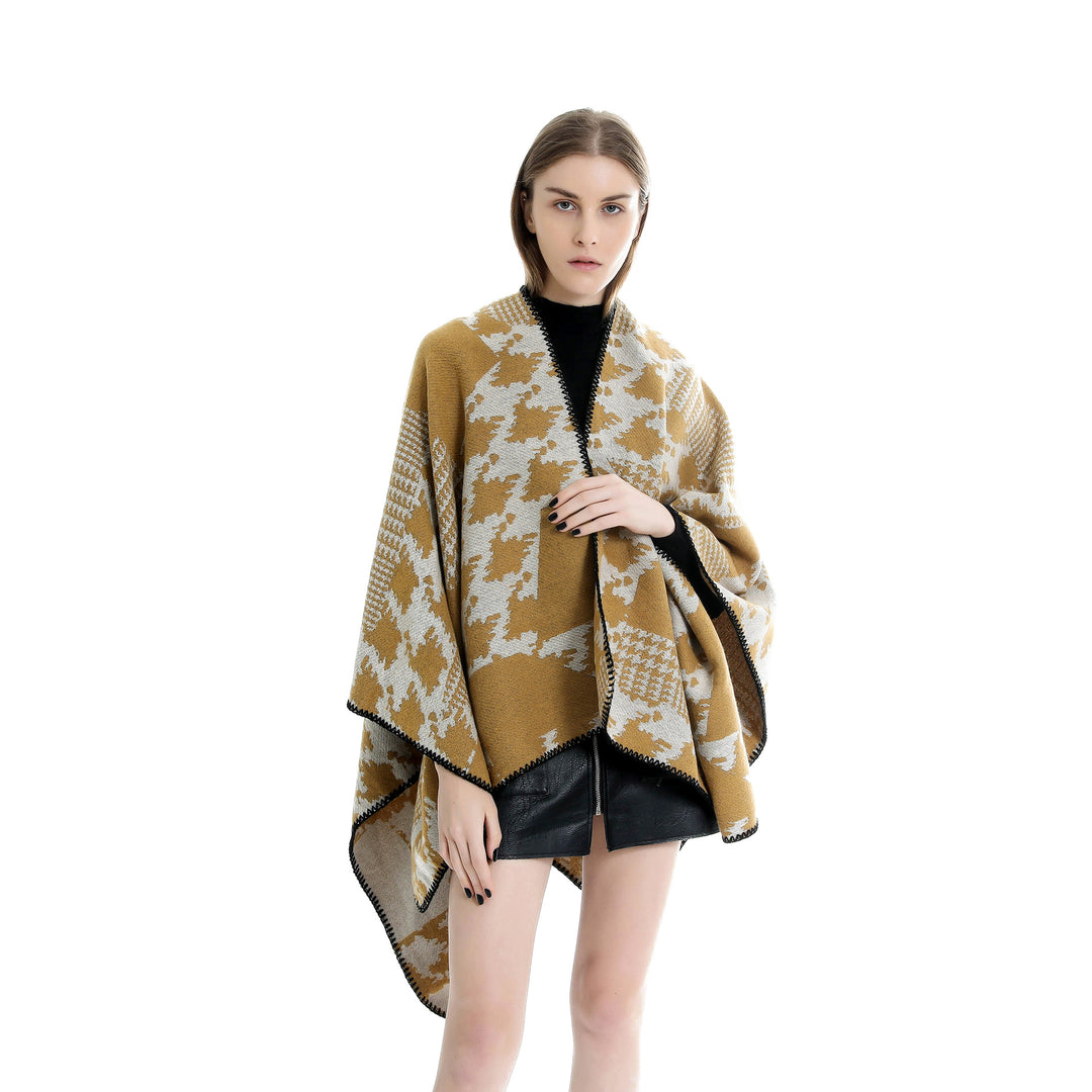 Damen Cape‑Poncho im Ruana‑Schnitt mit dekorativer Kettelkante und zweifarbiger Jacquardstruktur Shop Nory