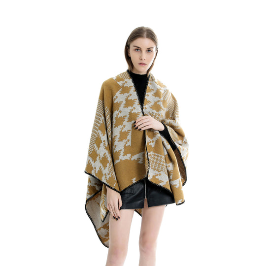 Damen Cape‑Poncho im Ruana‑Schnitt mit dekorativer Kettelkante und zweifarbiger Jacquardstruktur Shop Nory