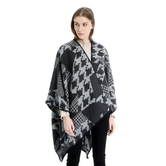 Damen Cape‑Poncho im Ruana‑Schnitt mit dekorativer Kettelkante und zweifarbiger Jacquardstruktur Shop Nory