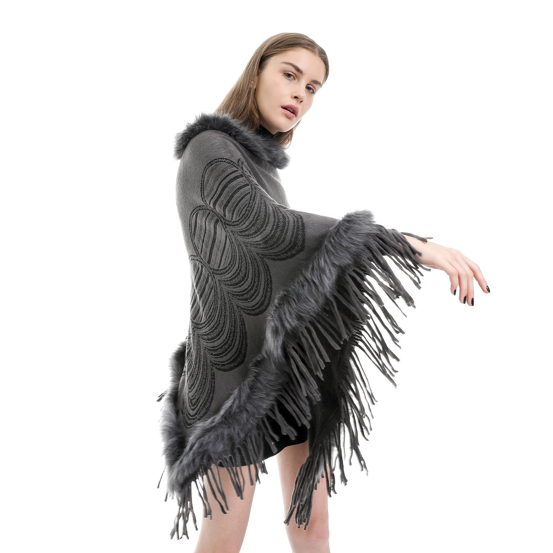Damen Fransen‑Poncho mit Kunstfellbesatz und Jacquard‑Ruana Shop Nory