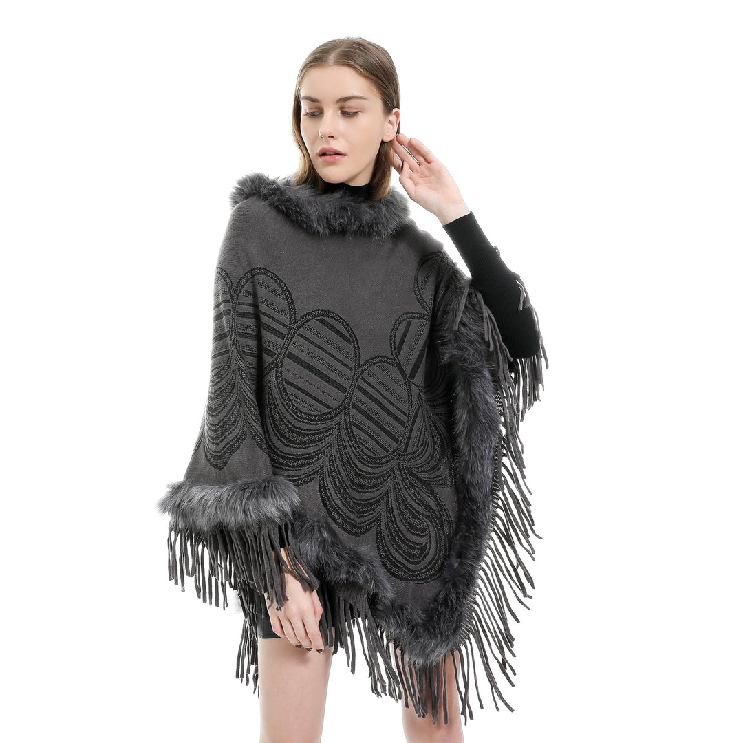 Damen Fransen‑Poncho mit Kunstfellbesatz und Jacquard‑Ruana Shop Nory