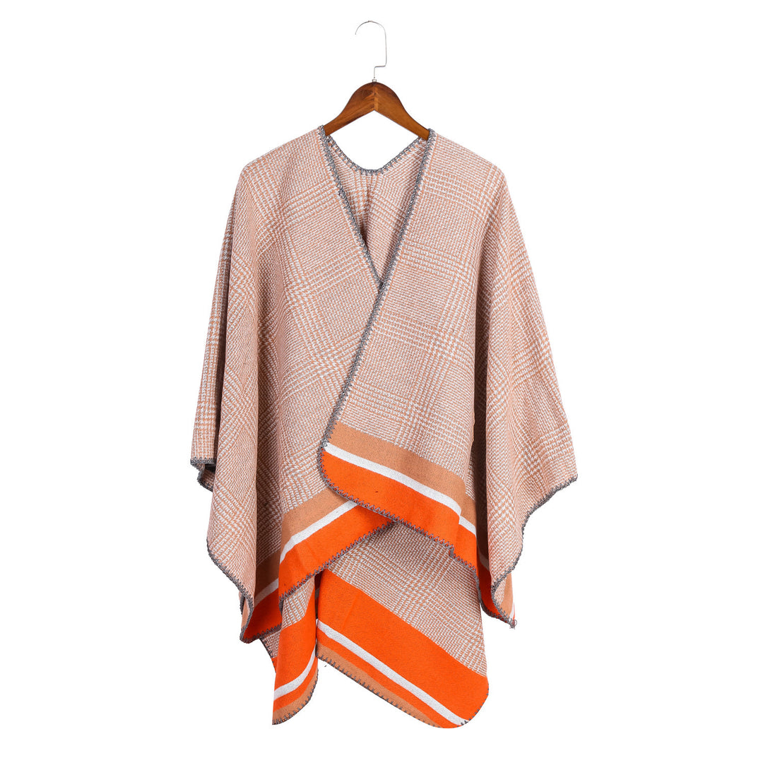 Damen Oversize-Ruana aus Wollmix mit Karojacquard und farbigem Streifenrand Shop Nory