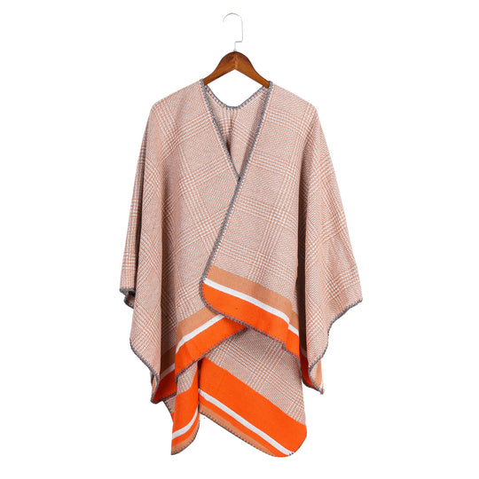 Damen Oversize-Ruana aus Wollmix mit Karojacquard und farbigem Streifenrand Shop Nory