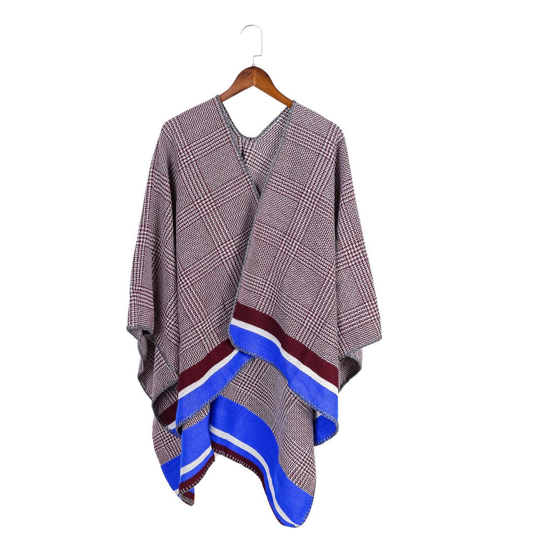 Damen Oversize-Ruana aus Wollmix mit Karojacquard und farbigem Streifenrand Shop Nory