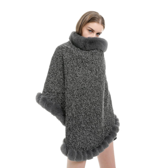 Damen Fein gestrickter Ruana-Poncho mit Kunstfellbesatz und asymmetrischem Saum Shop Nory
