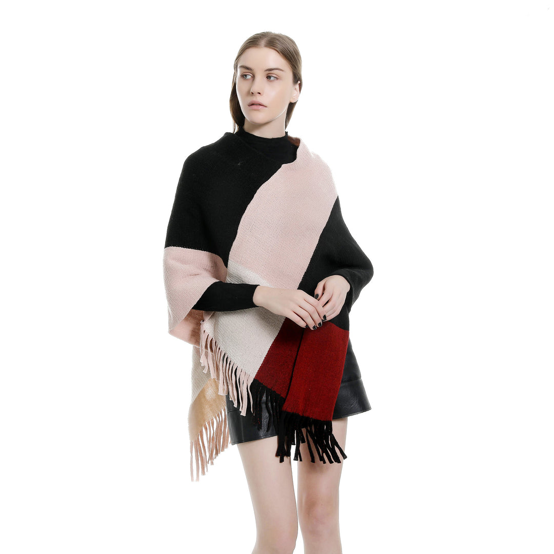 Damen Oversize-Ruana-Poncho mit farbigen Blockelementen und Fransensaum Shop Nory