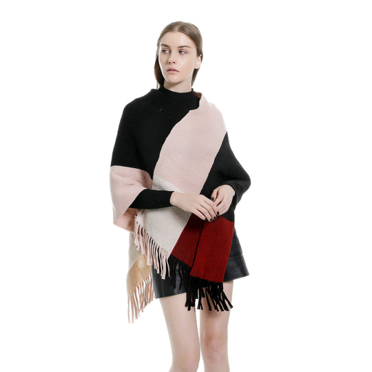 Damen Oversize-Ruana-Poncho mit farbigen Blockelementen und Fransensaum Shop Nory
