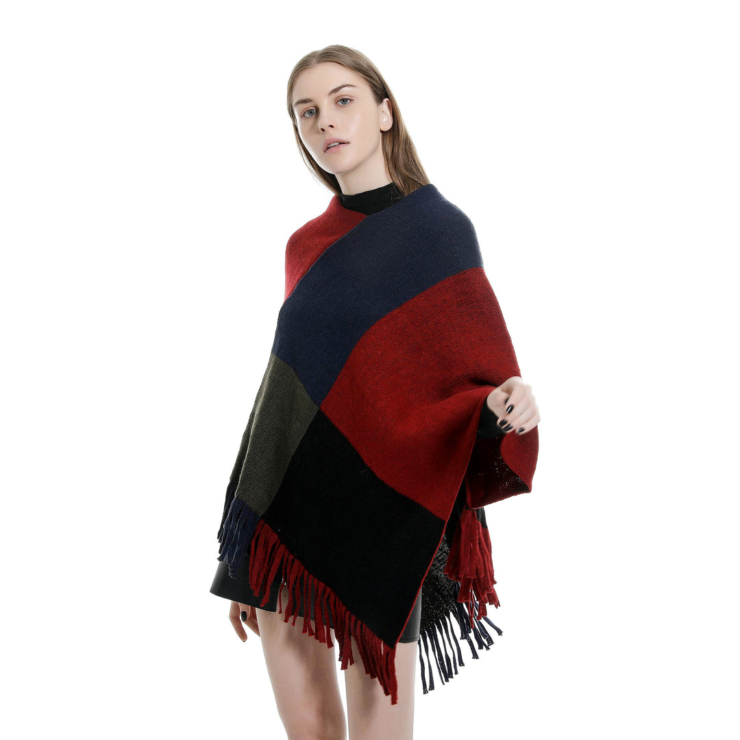 Damen Oversize-Ruana-Poncho mit farbigen Blockelementen und Fransensaum Shop Nory