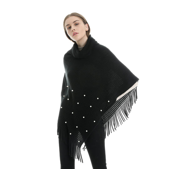 Damen Feinstrick-Poncho mit Rollkragen, Perlenapplikation und Fransensaum Shop Nory