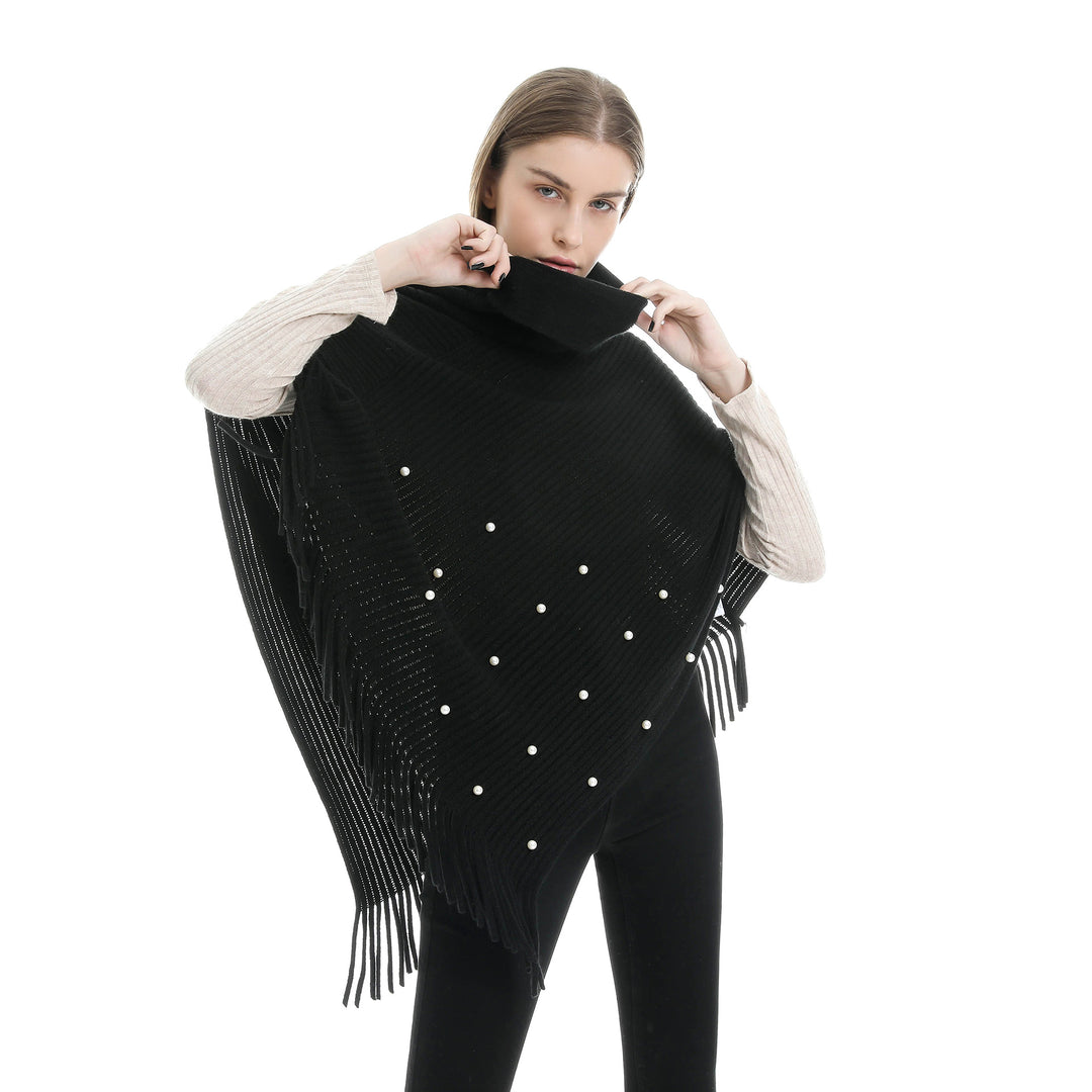 Damen Feinstrick-Poncho mit Rollkragen, Perlenapplikation und Fransensaum Shop Nory
