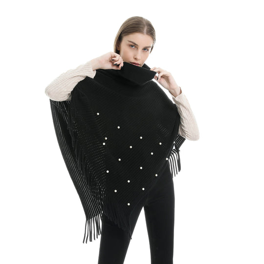 Damen Feinstrick-Poncho mit Rollkragen, Perlenapplikation und Fransensaum Shop Nory