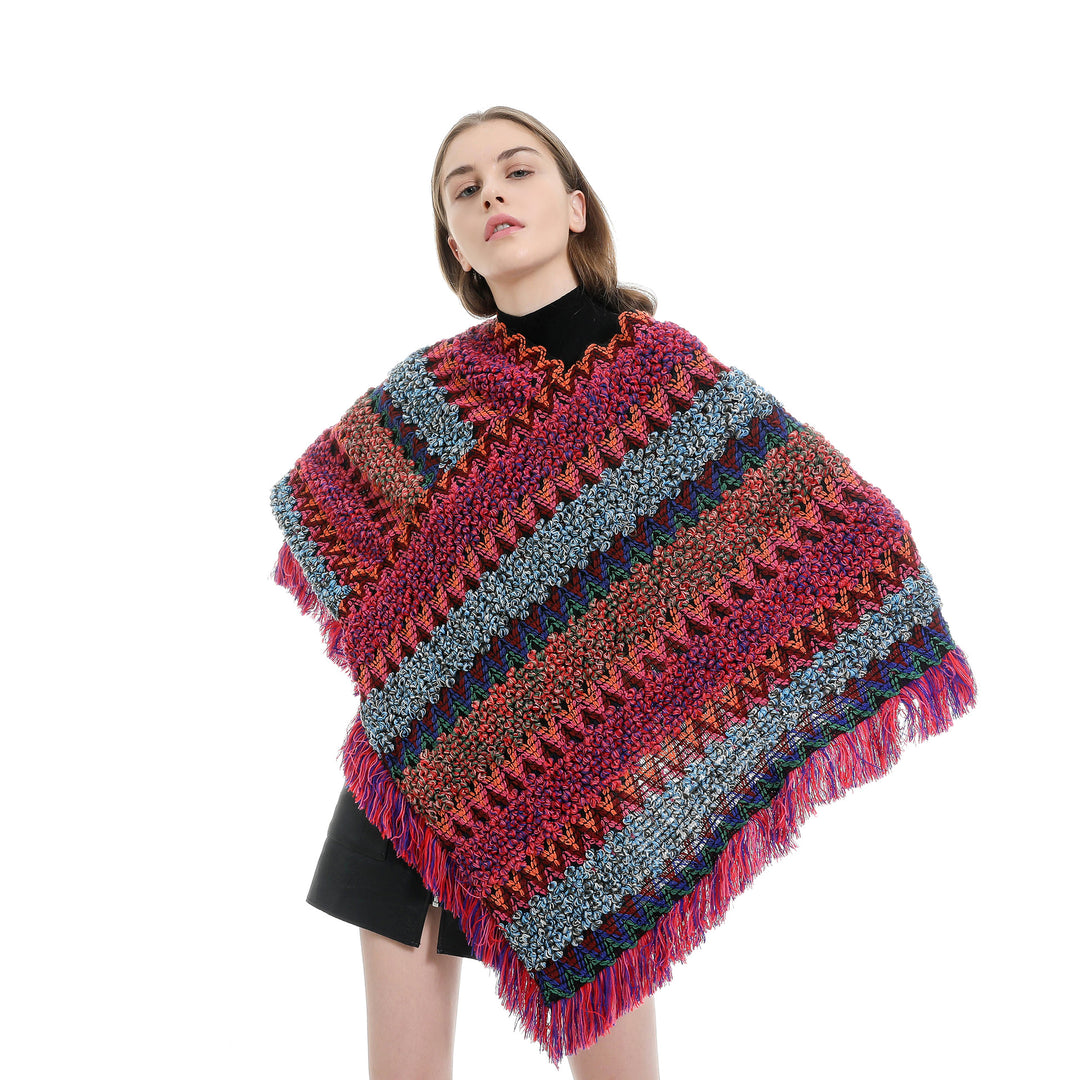 Damen Mehrfarbiger Grobstrick-Poncho mit Zickzack-Jacquard und Fransen Shop Nory