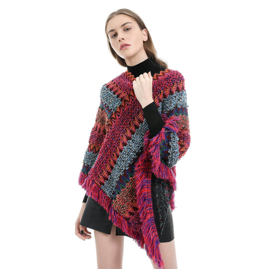 Damen Mehrfarbiger Grobstrick-Poncho mit Zickzack-Jacquard und Fransen Shop Nory