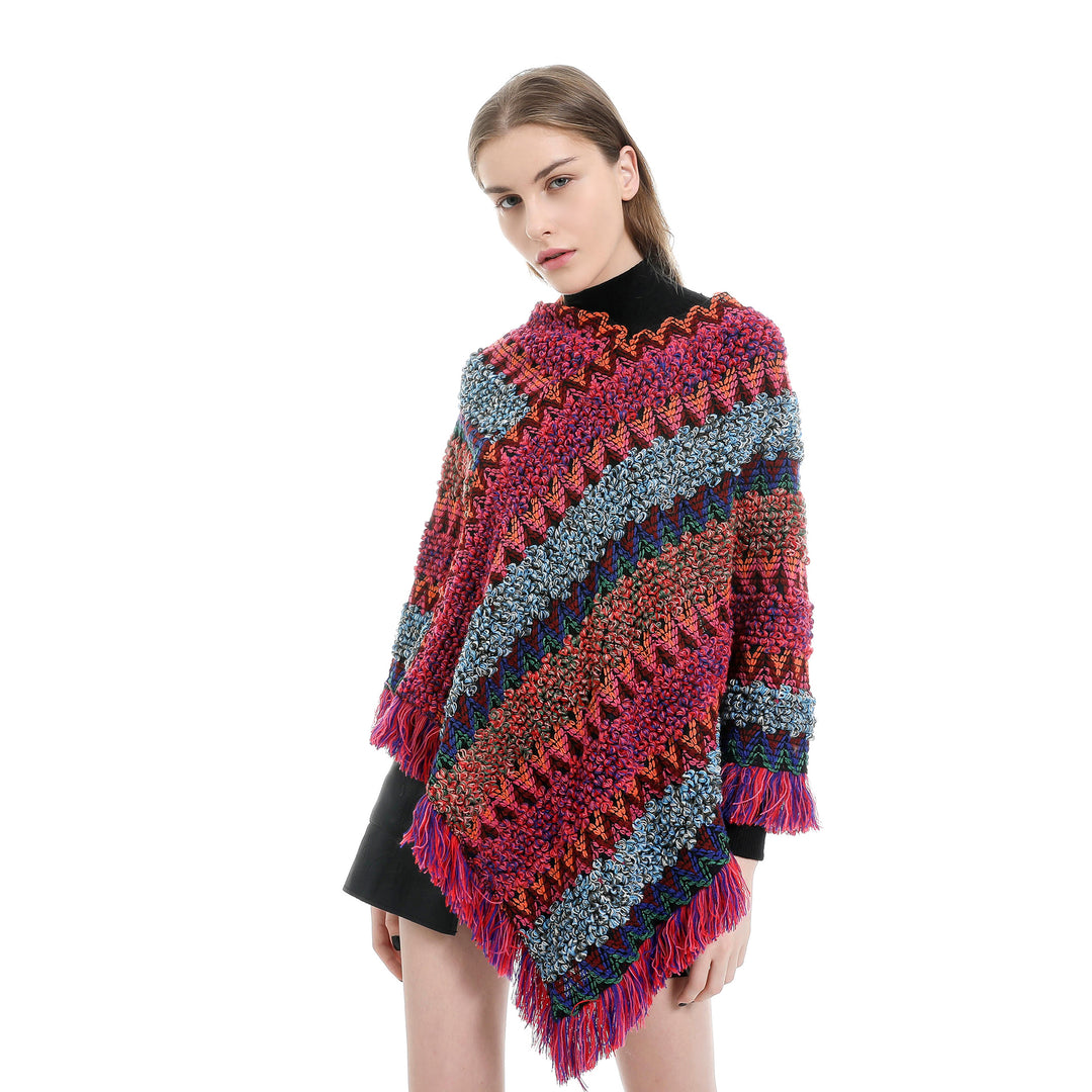Damen Mehrfarbiger Grobstrick-Poncho mit Zickzack-Jacquard und Fransen Shop Nory