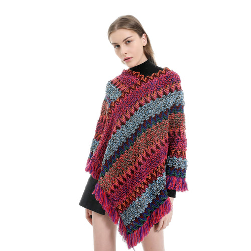 Damen Mehrfarbiger Grobstrick-Poncho mit Zickzack-Jacquard und Fransen Shop Nory