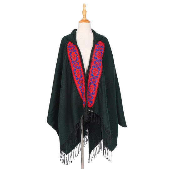 Damen Kapuzen‑Ruana mit bestickter Bordüre und Fransensaum Shop Nory