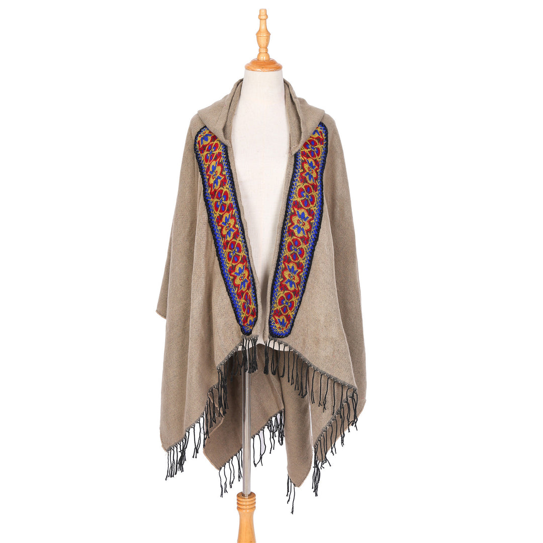 Damen Kapuzen‑Ruana mit bestickter Bordüre und Fransensaum Shop Nory