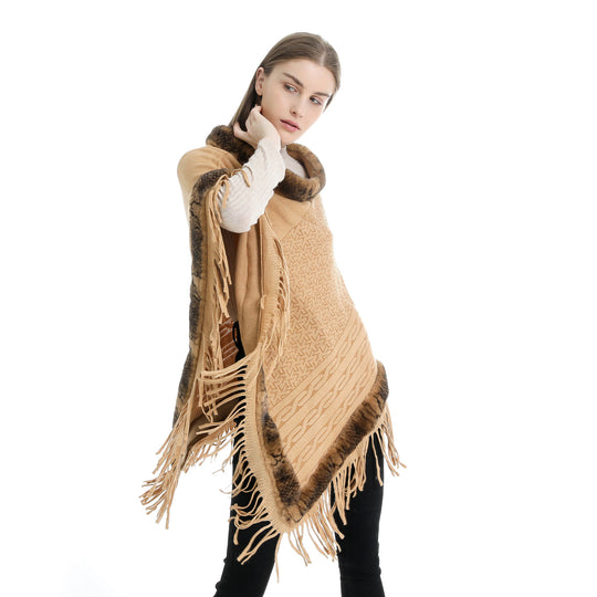 Damen Eleganter Wollmix‑Poncho mit Kunstfellbesatz und Fransensaum Shop Nory