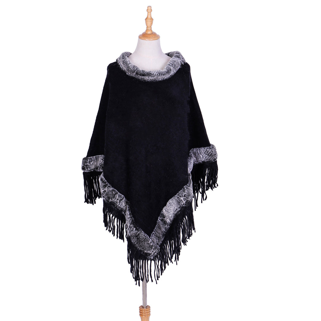 Damen Eleganter Wollmix‑Poncho mit Kunstfellbesatz und Fransensaum Shop Nory