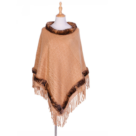 Damen Eleganter Wollmix‑Poncho mit Kunstfellbesatz und Fransensaum Shop Nory