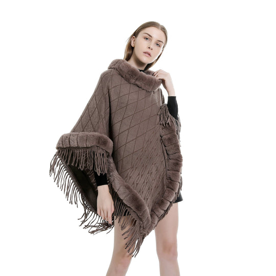 Damen Wolloptik-Ruana mit Kunstfellkragen, Fransensaum und Oversize-Fall Shop Nory