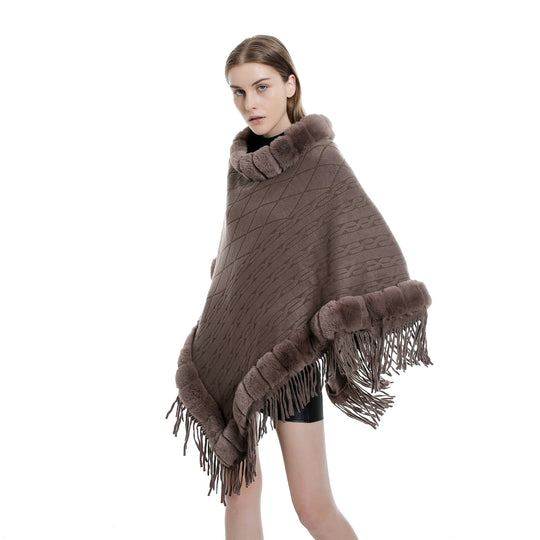 Damen Wolloptik-Ruana mit Kunstfellkragen, Fransensaum und Oversize-Fall Shop Nory