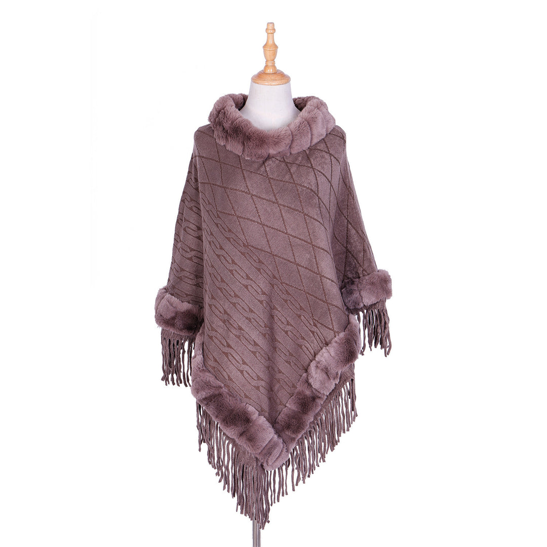 Damen Wolloptik-Ruana mit Kunstfellkragen, Fransensaum und Oversize-Fall Shop Nory