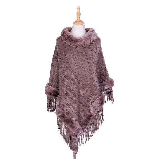 Damen Wolloptik-Ruana mit Kunstfellkragen, Fransensaum und Oversize-Fall Shop Nory