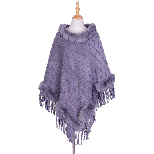 Damen Wolloptik-Ruana mit Kunstfellkragen, Fransensaum und Oversize-Fall Shop Nory