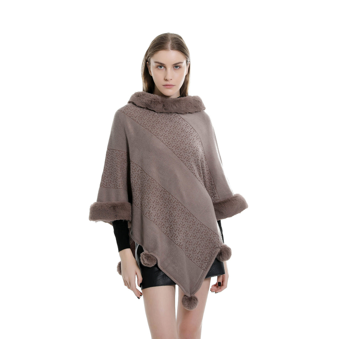 Damen Ruana-Poncho mit Kunstfellbesatz, Kaschmir-Touch und Bommel-Saum Shop Nory