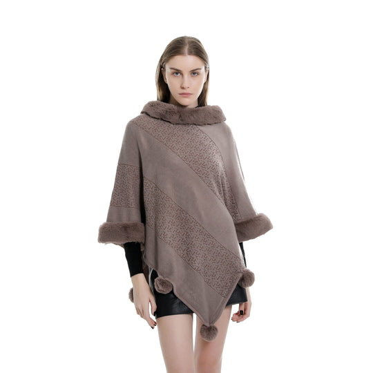 Damen Ruana-Poncho mit Kunstfellbesatz, Kaschmir-Touch und Bommel-Saum Shop Nory