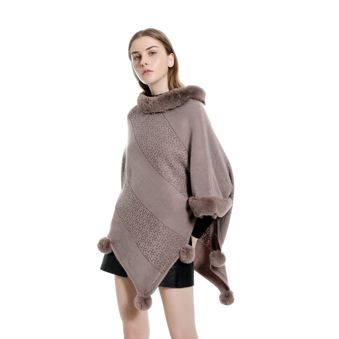 Damen Ruana-Poncho mit Kunstfellbesatz, Kaschmir-Touch und Bommel-Saum Shop Nory