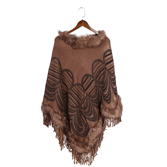 Damen Fransen‑Poncho mit Kunstfellbesatz und Jacquard‑Ruana Shop Nory