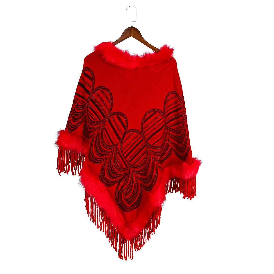 Damen Fransen‑Poncho mit Kunstfellbesatz und Jacquard‑Ruana Shop Nory