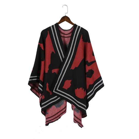 Damen Oversize-Feinstrick-Ruana mit abstraktem Jacquard und kontrastierter Kantenbordüre Shop Nory