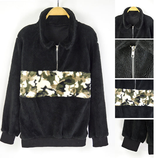 Damen Teddy-Fleece-Pullover mit kurzem Reißverschluss & Camouflage-Bund Shop Nory