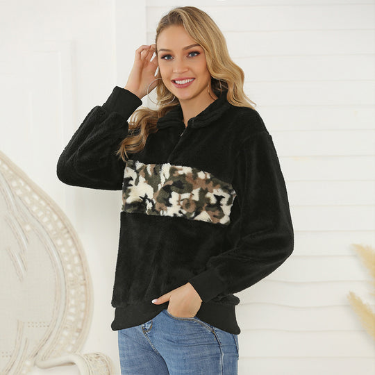 Damen Teddy-Fleece-Pullover mit kurzem Reißverschluss & Camouflage-Bund Shop Nory