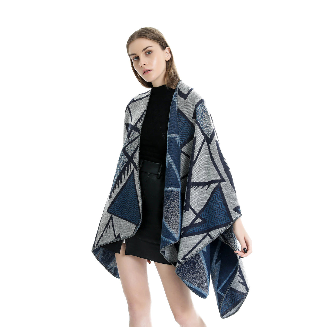Damen Geometrischer Jacquard-Ruana-Überwurf mit offenem Fall und Zierkante Shop Nory