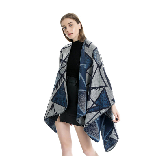 Damen Geometrischer Jacquard-Ruana-Überwurf mit offenem Fall und Zierkante Shop Nory