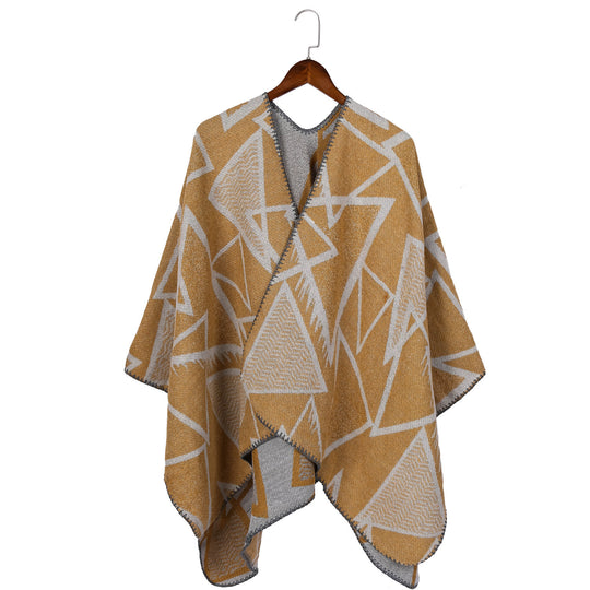 Damen Geometrischer Jacquard-Ruana-Überwurf mit offenem Fall und Zierkante Shop Nory