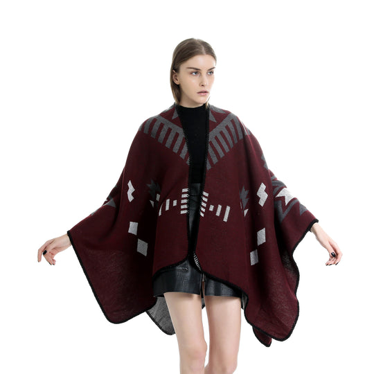 Damen Jacquard-Ruana-Umhang mit geometrischem Muster und Wendefinish Shop Nory