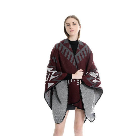 Damen Jacquard-Ruana-Umhang mit geometrischem Muster und Wendefinish Shop Nory