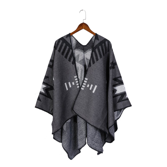 Damen Jacquard-Ruana-Umhang mit geometrischem Muster und Wendefinish Shop Nory