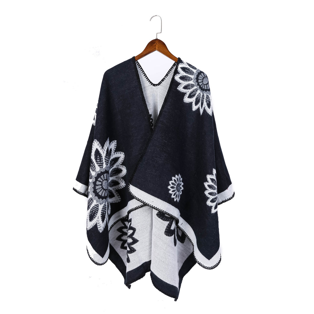 Damen Wollmix‑Ruana mit floraler Intarsienjacquard und offener Kimono‑Silhouette Shop Nory