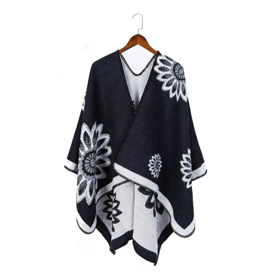 Damen Wollmix‑Ruana mit floraler Intarsienjacquard und offener Kimono‑Silhouette Shop Nory