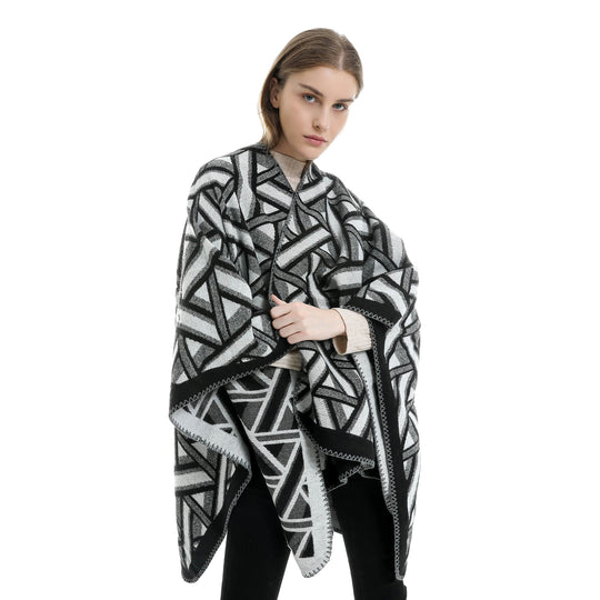 Damen Oversize-Ruana mit geometrischem Jacquard und Ziernaht Shop Nory