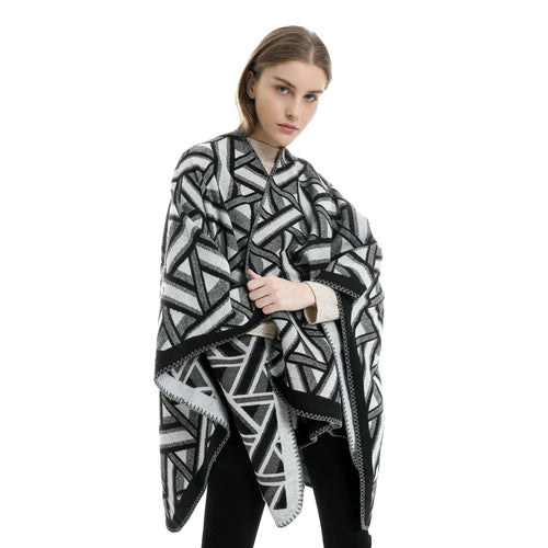 Damen Oversize-Ruana mit geometrischem Jacquard und Ziernaht Shop Nory