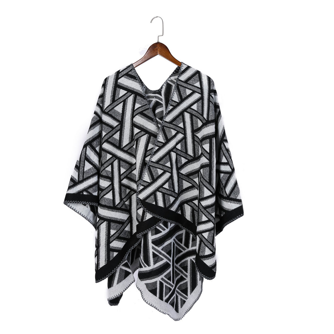 Damen Oversize-Ruana mit geometrischem Jacquard und Ziernaht Shop Nory